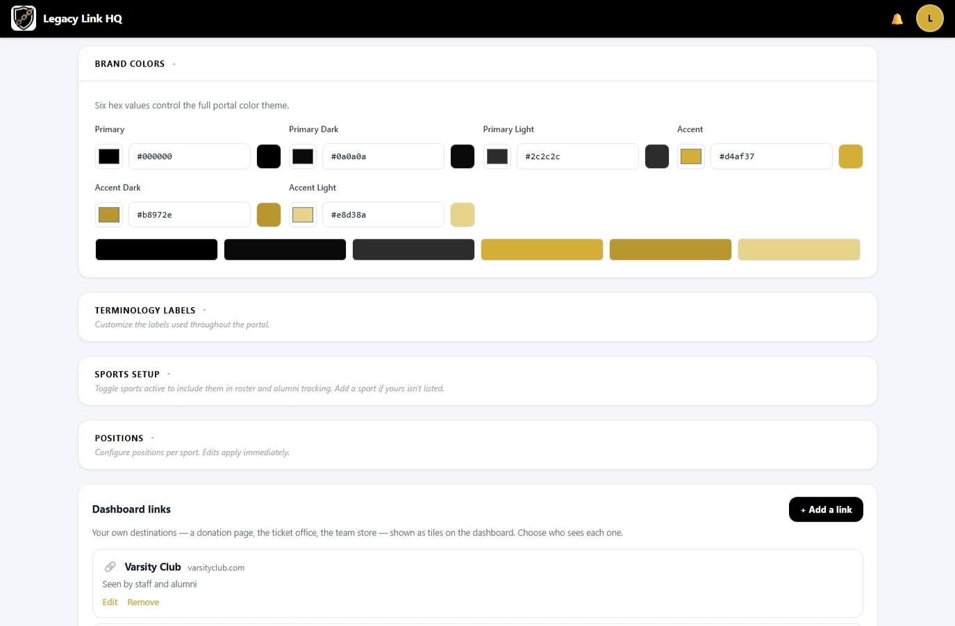 Team settings showing brand colors and dashboard links
